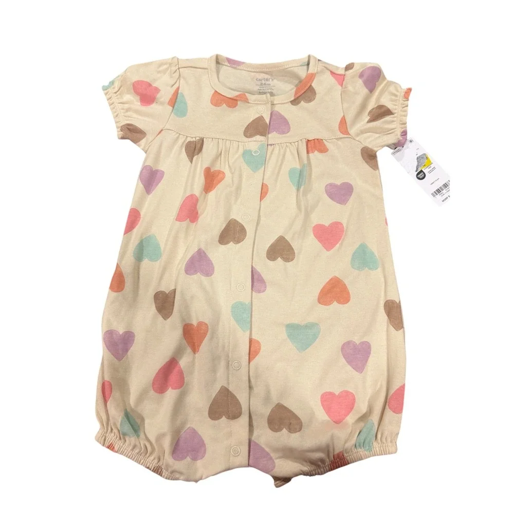 Carter's Baby Girl 24M Heart Print Snap Front Bubble Romper Cream NWT